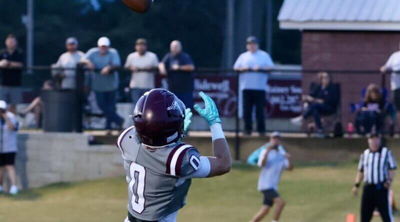 Football player reaching for a pass near the sideline